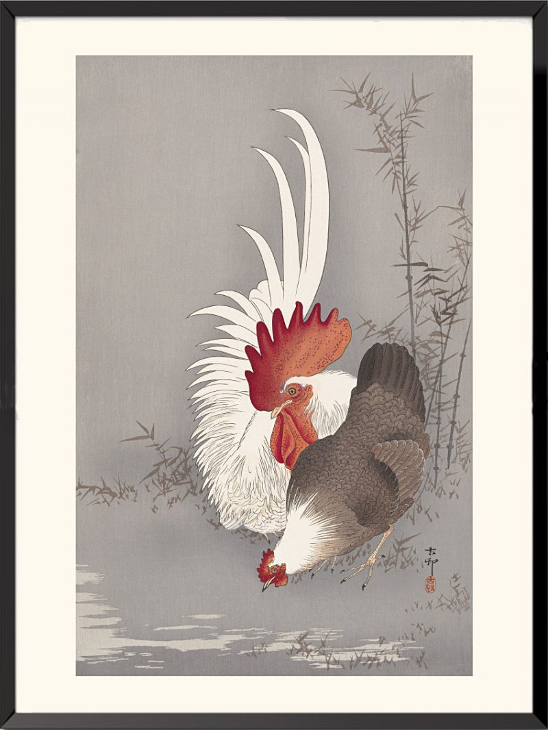Estampe Coq et poule domestiques de Ohara Koson