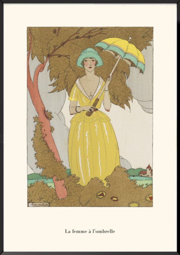 Illustration mode art déco, Femme à l'ombrelle, La Guirlande