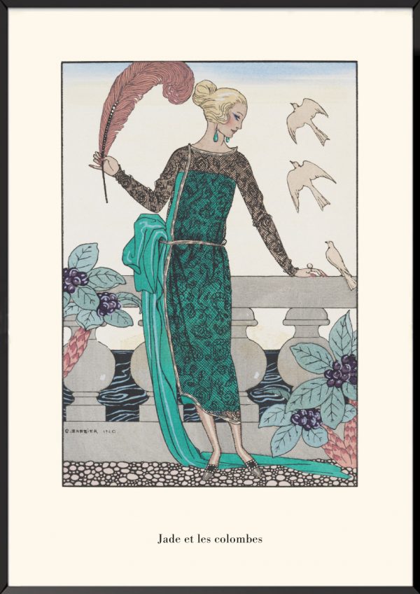 Illustration mode art déco, Jade et les colombes, La Guirlande