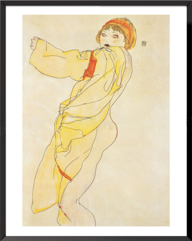 Illustration Egon Schiele, Famme au bandeau orange et robe jaune