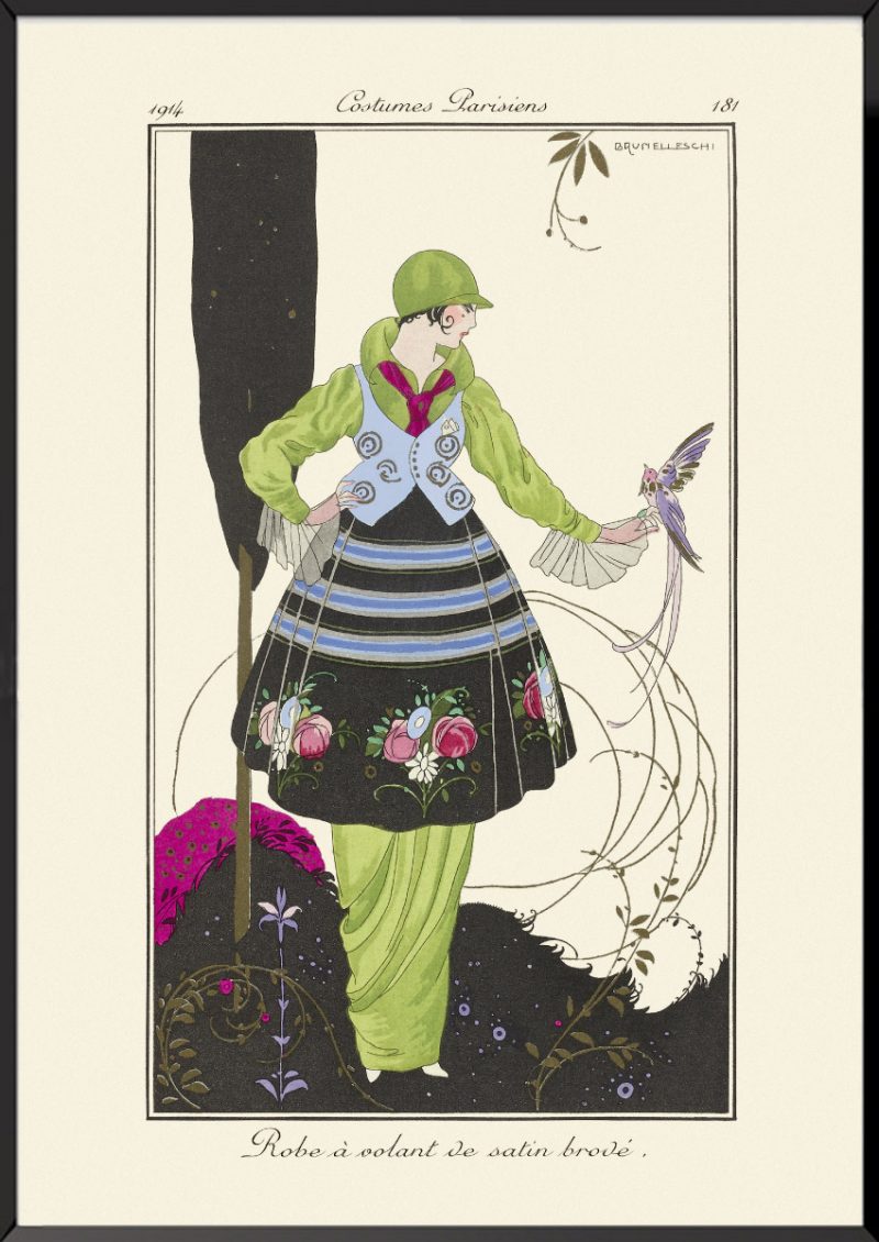 Robe à volant de satin brodé Journal des dames et des modes
