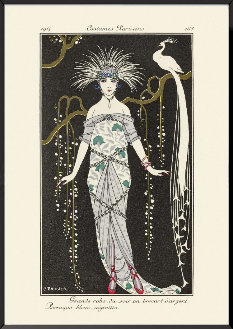 Illustration Journal des dames et des modes Grande robe du soir en brocart d'argent