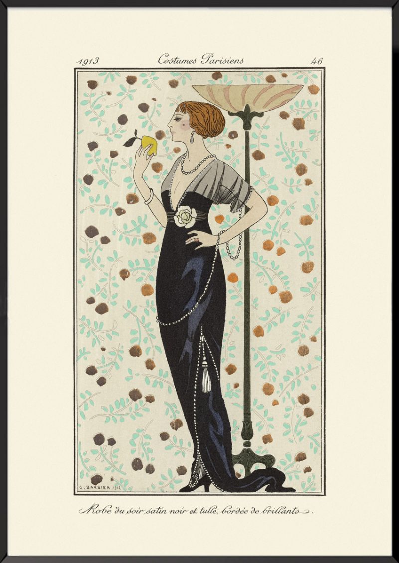Illustration Robe du soir satin noir et tulle, bordée de brillants Journal des dames et des modes