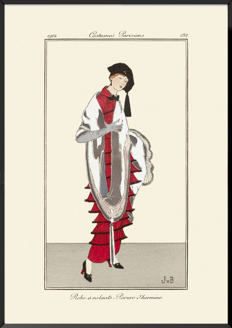Illustration robe à volants parure d'hermine Journal des dames et des modes