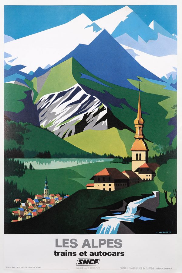 Les Alpes trains et autocars SNCF, 1966, Jean Jacquelin, affiche originale